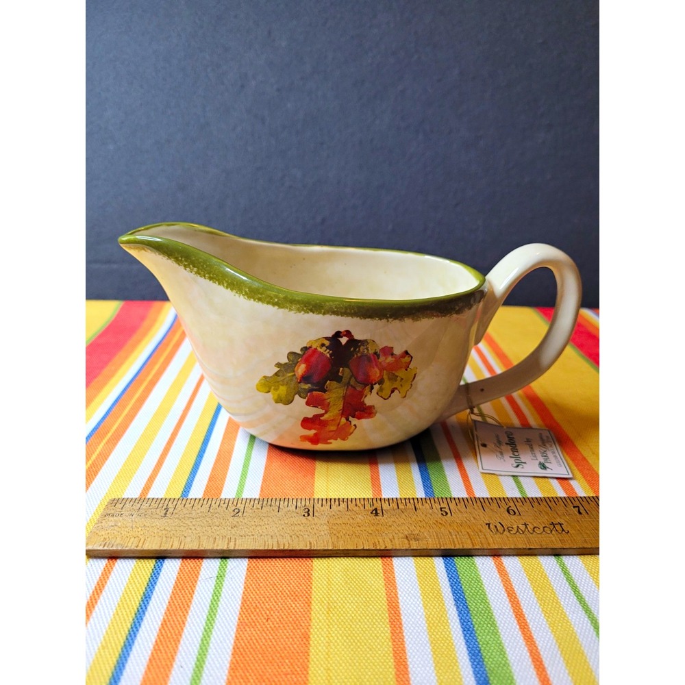 Park Designs Tina Higgins Splendor Ceramic Gravy Boat Green Rim Thanksgiving